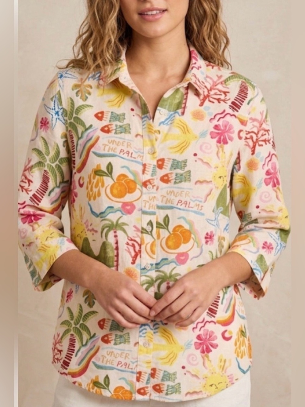 Calypso St. Barth Tropical Linen Blend Button Down Shirt Size L Colorful Print